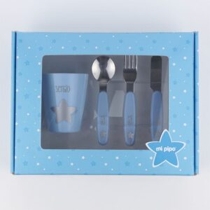 Set vasito y cubiertos acero personalizados