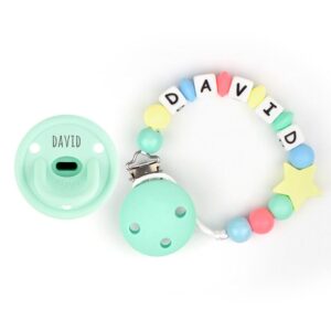 Cajita chupete y cadenita de silicona gummy (personalizada)
