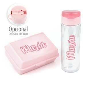 Pack botella 600ml + cajita porta alimentos caligrafía personalizadas