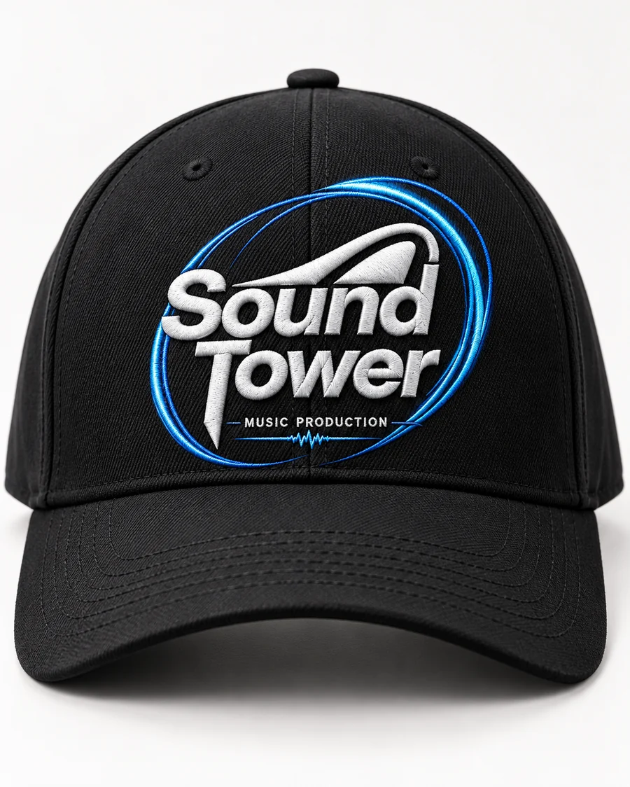 Gorra negra con logotipo Sound Tower bordado en blanco y azul