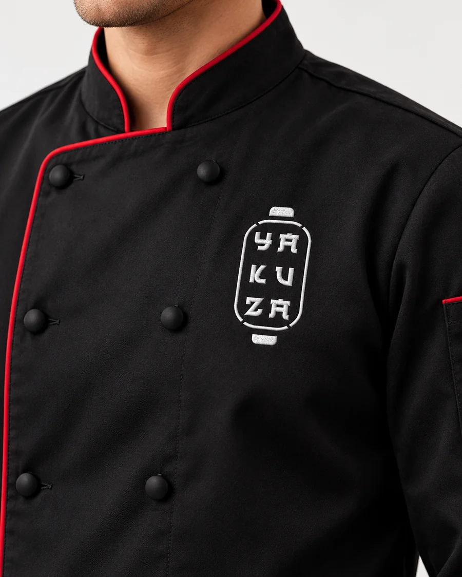 Chaqueta de cocina negra con ribete rojo y bordado blanco Yakuza en el pecho