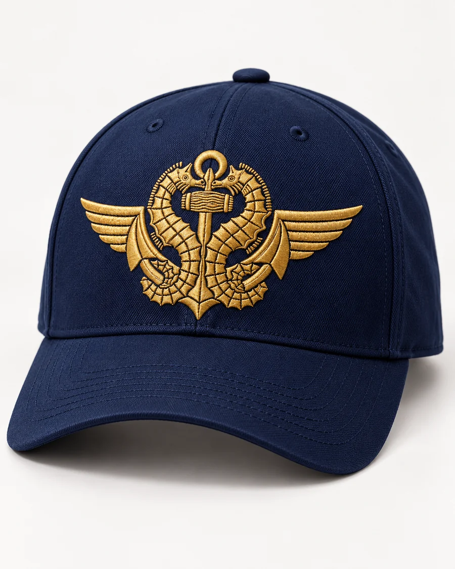 Gorra azul marino con emblema de caballitos de mar bordado en hilo dorado