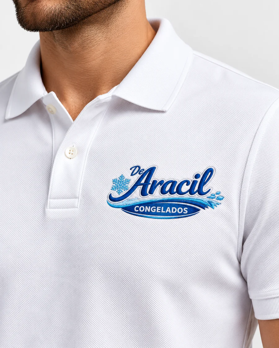 Polo de piqué blanco con logotipo De Aracil Congelados bordado en azul