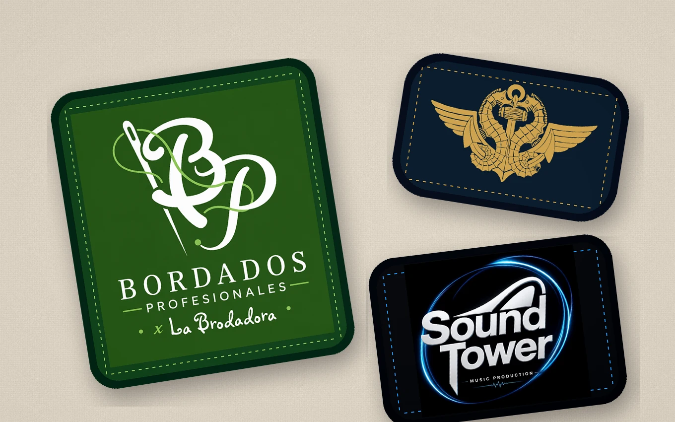 Ejemplos ilustrativos de parches bordados con logotipos corporativos